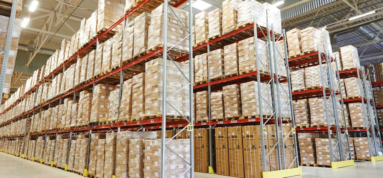 Warehouse racks filled with inventory.